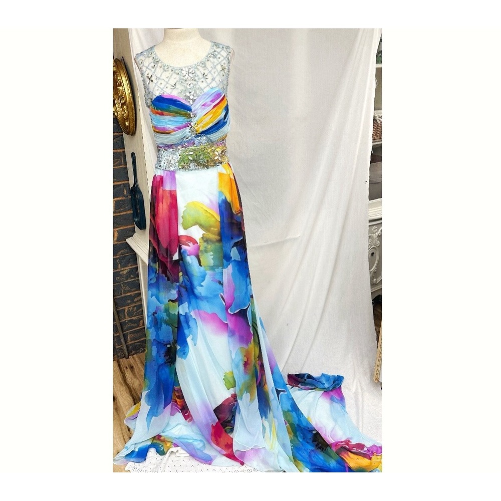 Colorful Sweetheart Ball Gown Beaded Sheer Fairy Prom Dress Bridal Size 10